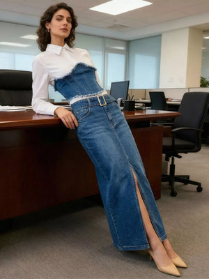 Denim corset with frayed trim and slit maxi skirt set with belt