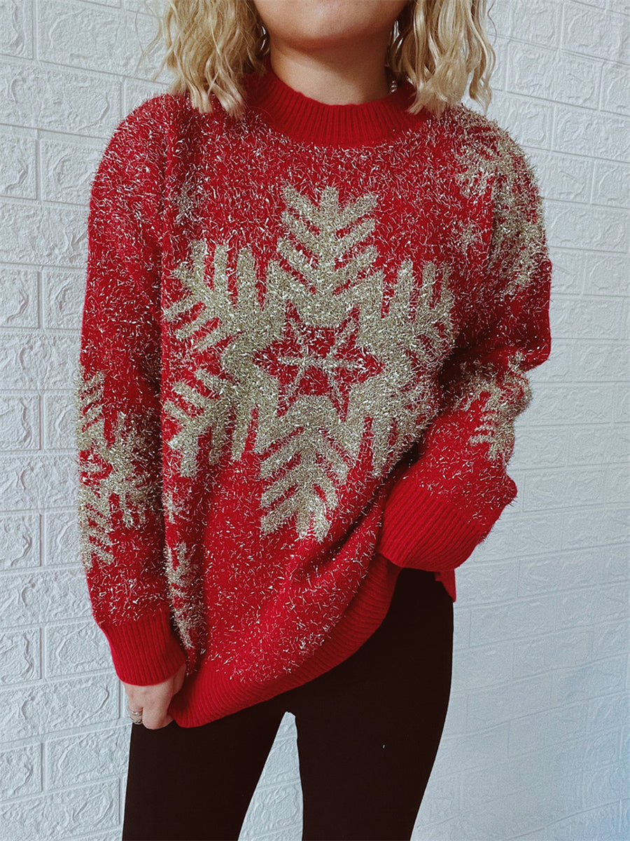 Red glitter snowflake knit sweater with a mock neck and long sleeves.