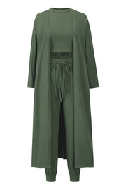 Army green loungewear set with long cardigan, crop top, and drawstring pants
