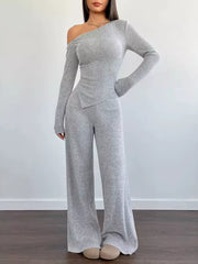 Chic One-shoulder Asymmetrical Top & Wide-leg Pants Set in Burgundy, alternate angle