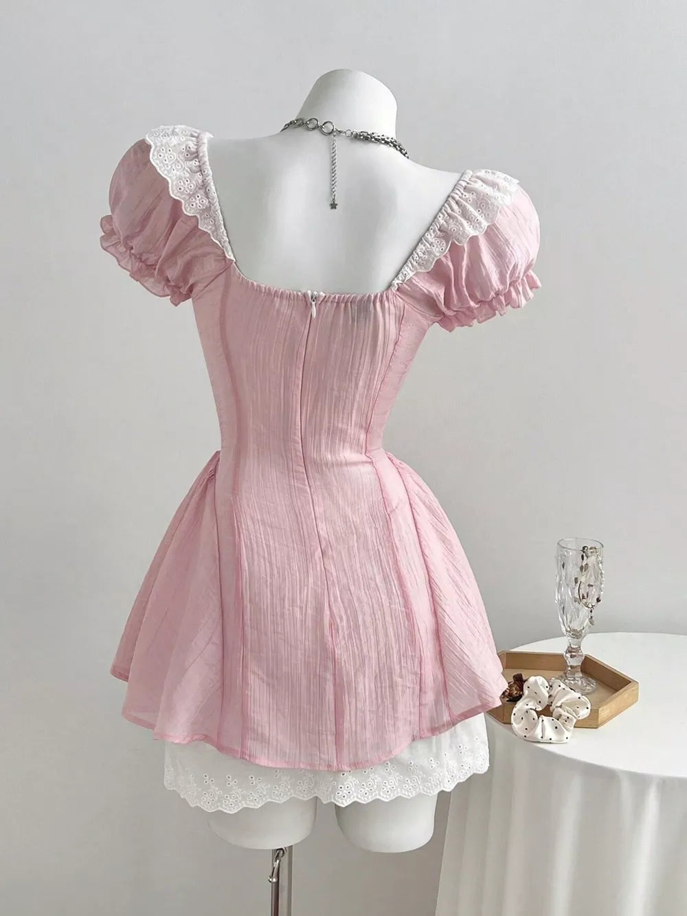 Lace Detail Cap Sleeve Mini Dress, model styling view