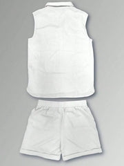 White sleeveless collared vest and elastic waist shorts set