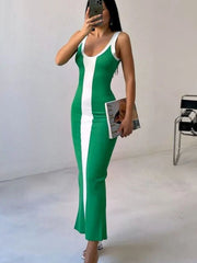 Mid Green bodycon maxi dress with white contrast panel and scoop neck.