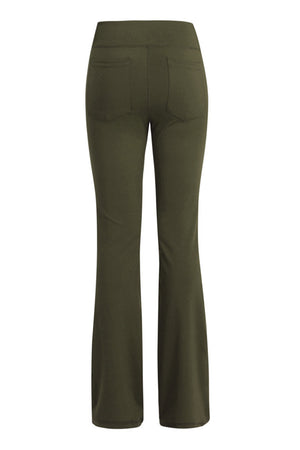Army green flare-leg performance trousers with back pockets.