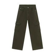 Oversized cargo denim trousers in army green with large side pockets.