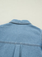 Light blue denim button-down shirt with collar and back pleat detail