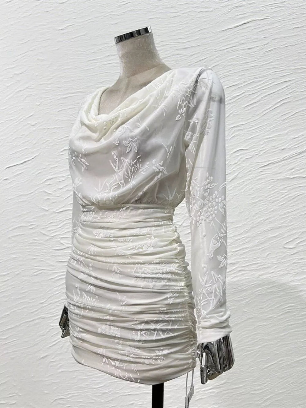 Ruched Long Sleeve Mini Dress in Off-white, model styling view