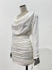 Ruched Long Sleeve Mini Dress in Off-white, model styling view