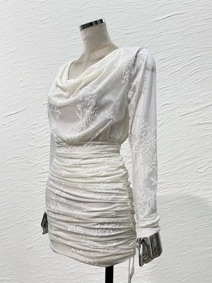 Ruched Long Sleeve Mini Dress in Off-white, model styling view