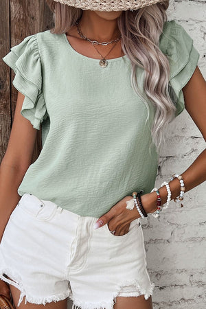 Sage flutter sleeve v-neck blouse with textured fabric