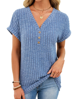 Light blue ribbed knit v-neck t-shirt with short sleeves and three wooden buttons.