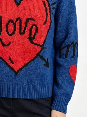 Heart Round Neck Ribbed Sweater in Pink, product detail
