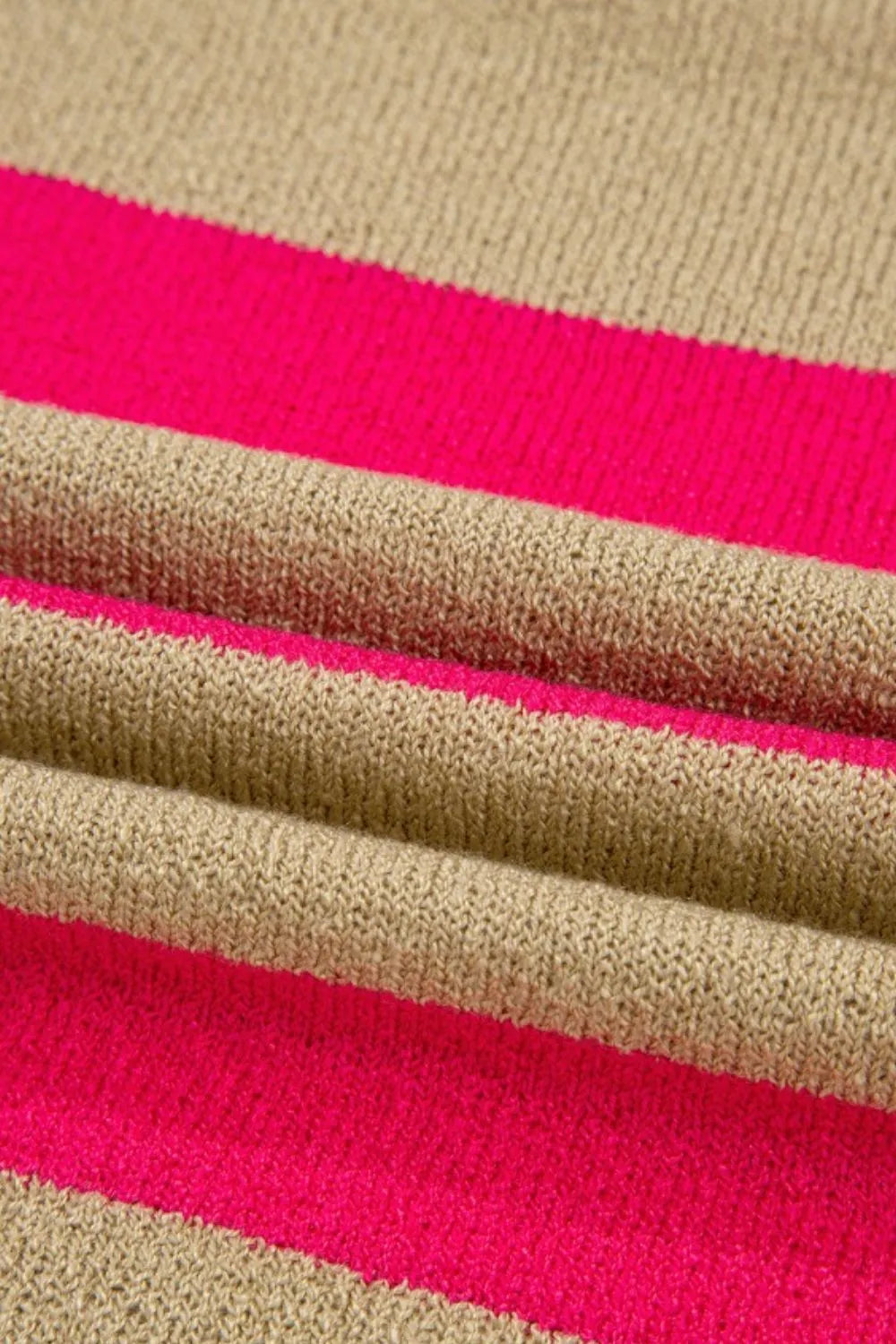 Metallic stripe boxy tee in tan and bright pink acrylic knit fabric.