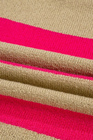 Metallic stripe boxy tee in tan and bright pink acrylic knit fabric.