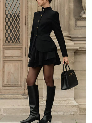 Elegant Stand Collar Blazer And Mini Skirt Set in Black, close-up detail