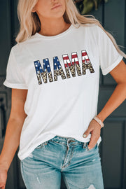 White cotton blend graphic tee with patriotic Mama print