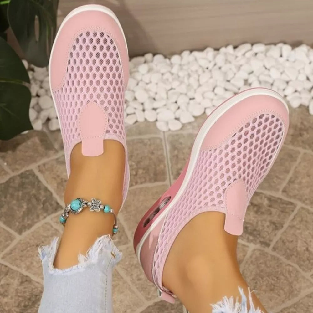 Round Toe Mesh Sneakers in Pink, side view
