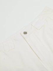White men's capris with wide legs, a button closure, and belt loops.