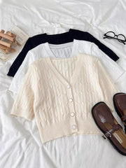 Chic cable-knit cropped cardigan in apricot with button front and V-neck.