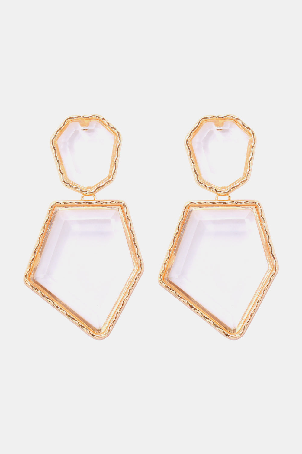 Resin facet drop earrings with gold trim, clear white.