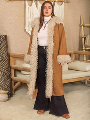 Caramel duster coat with faux fur trim and cuffs, open front, long sleeves.