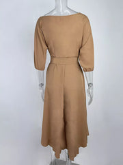 Camel off-the-shoulder belted midi dress with 3/4 sleeves and asymmetrical hem