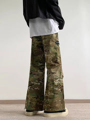 Oversized camouflage cargo pants with zipper pockets and a relaxed fit.