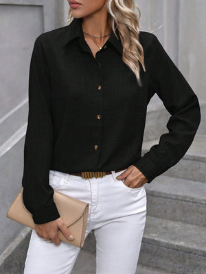 Black linen-blend button-down shirt with gold buttons, long sleeves, and a collared neckline.