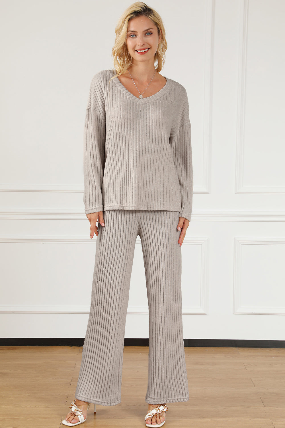 Light Gray ribbed knit lounge set with V-neck sweater and wide-leg pants.