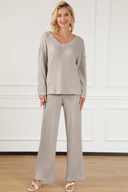 Light Gray ribbed knit lounge set with V-neck sweater and wide-leg pants.