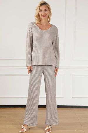 Light Gray ribbed knit lounge set with V-neck sweater and wide-leg pants.