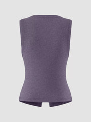 Dark Purple ribbed button-front fitted tank top with a split hem.