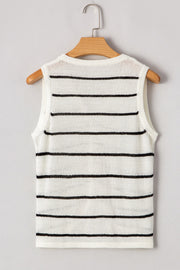 Nautical stripe knit vest in white with black stripes, sleeveless, crew neck, acrylic.