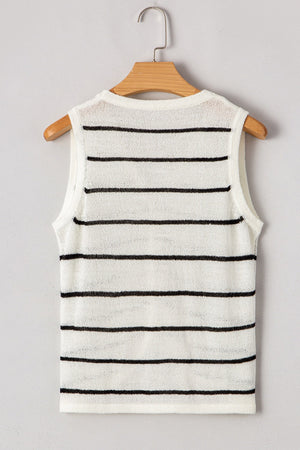 Nautical stripe knit vest in white with black stripes, sleeveless, crew neck, acrylic.