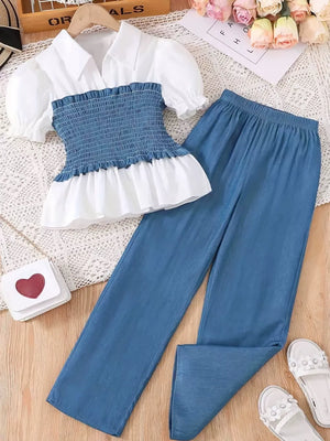 Blue smocked blouse and wide-leg pants set with white puff sleeves and collar