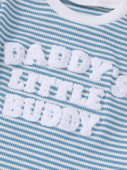 Baby blue and white striped tee with chenille applique text Daddy's Little Buddy.