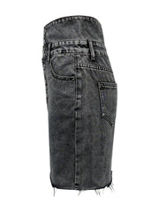 Button-front acid wash denim mini skirt in dark gray with frayed hem.