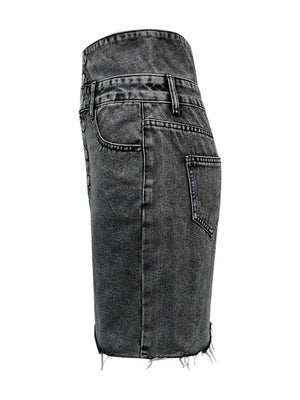 Button-front acid wash denim mini skirt in dark gray with frayed hem.
