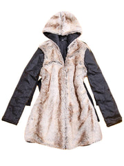 Belted utility parka with faux fur front and hood, black sleeves.