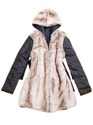 Belted utility parka with faux fur front and hood, black sleeves.