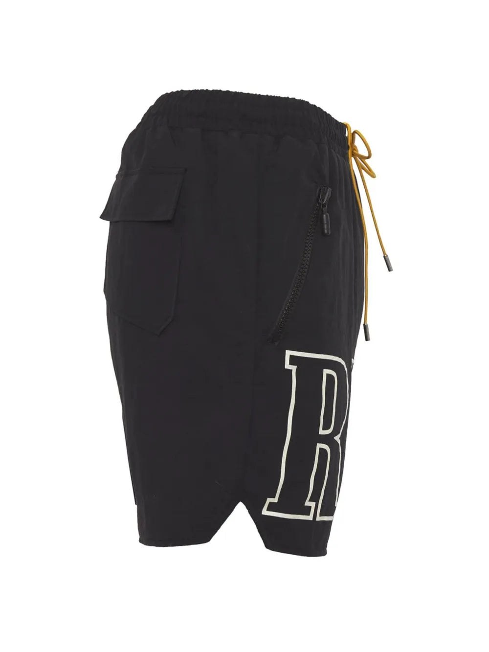 Black cargo shorts with zip pocket, flap pocket, and large white logo detail.