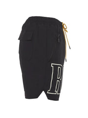 Black cargo shorts with zip pocket, flap pocket, and large white logo detail.