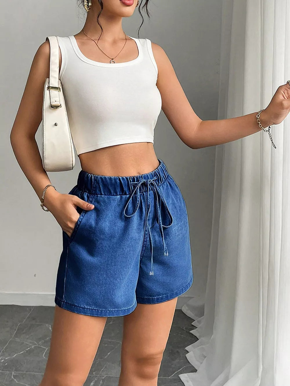 Drawstring High Waist Denim Shorts, fit detail