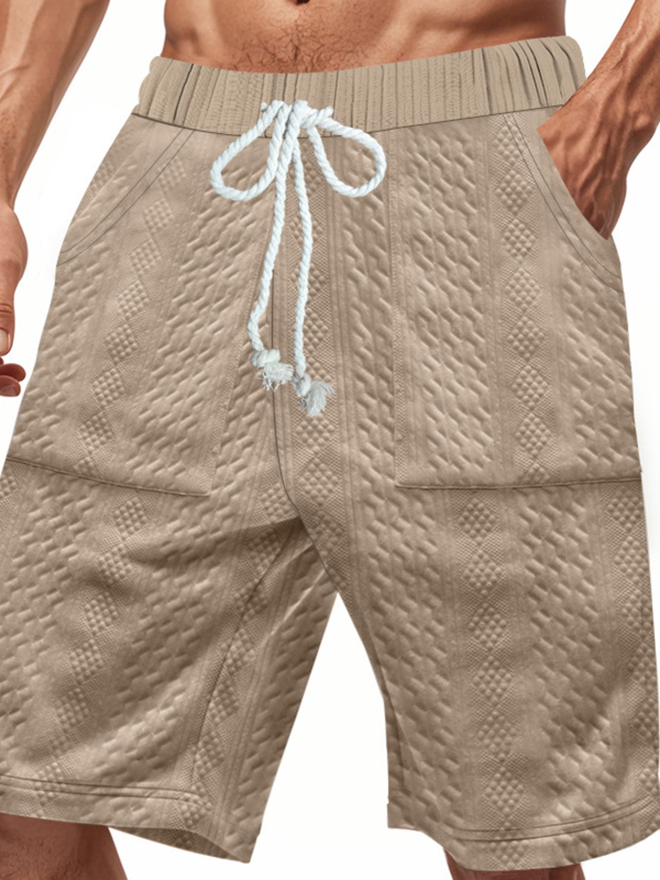 Khaki quilted texture drawstring men's shorts with diamond pattern and pockets.