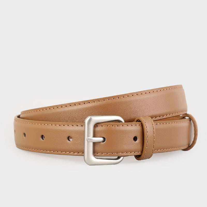 Timeless cowhide leather belt in coffee brown with silver buckle and keeper loop.
