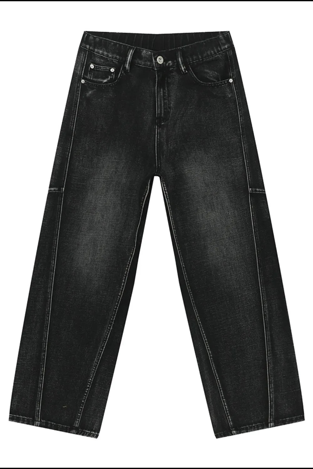 Dark wash denim trousers with exaggerated seam details and a wide leg