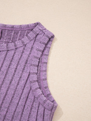 Slim ribbed mineral wash tank top in purple with a crew neck and sleeveless design.