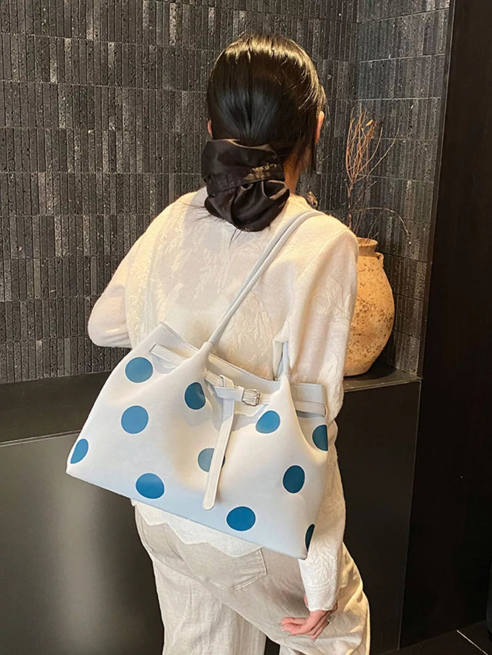 Polka Dot Medium Shoulder Bag in Pastel Blue, front view