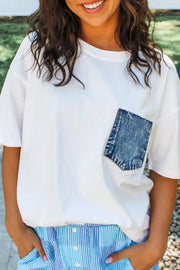 White cotton tee with a blue denim chest pocket and short sleeves.