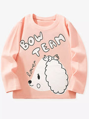 Pink long sleeve cotton t-shirt with crew neck and dog graphic with "BOW TEAM" text